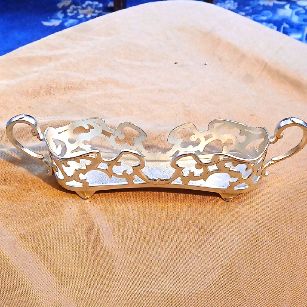 Elegant Silver Spoon Tray with Handles, unmarked